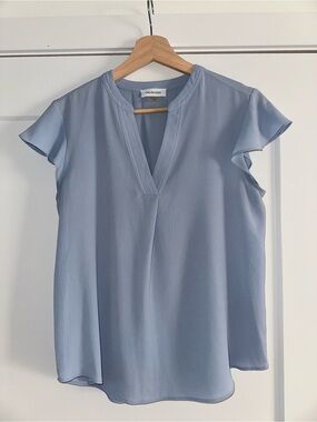 Calvin Klein Light Blue V-Neck Flutter Sleeve Blouse Top, Size S